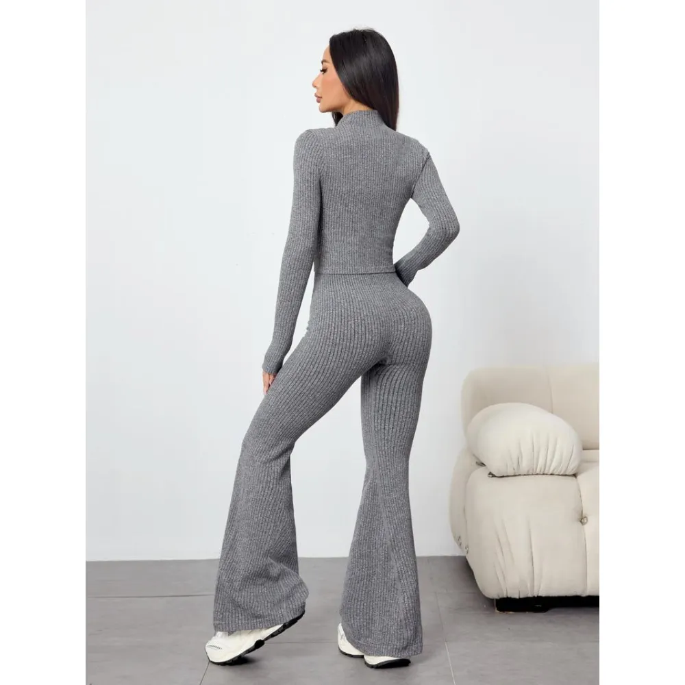 Women's Two-Piece Set, Autumn Winter Knit Ribbed Jacket & High-Waisted Flare Pants