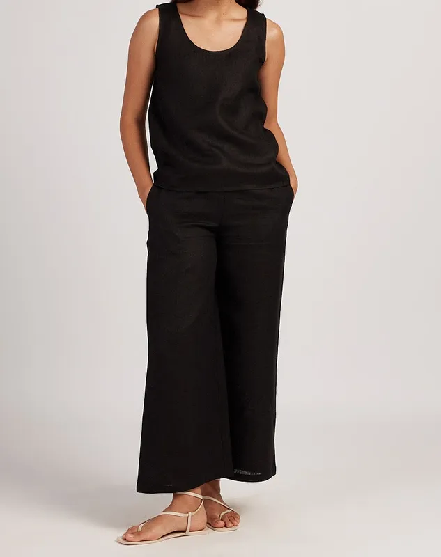 Black Linen Matching Set with Round-Neck Tank & Wide-Leg Pants