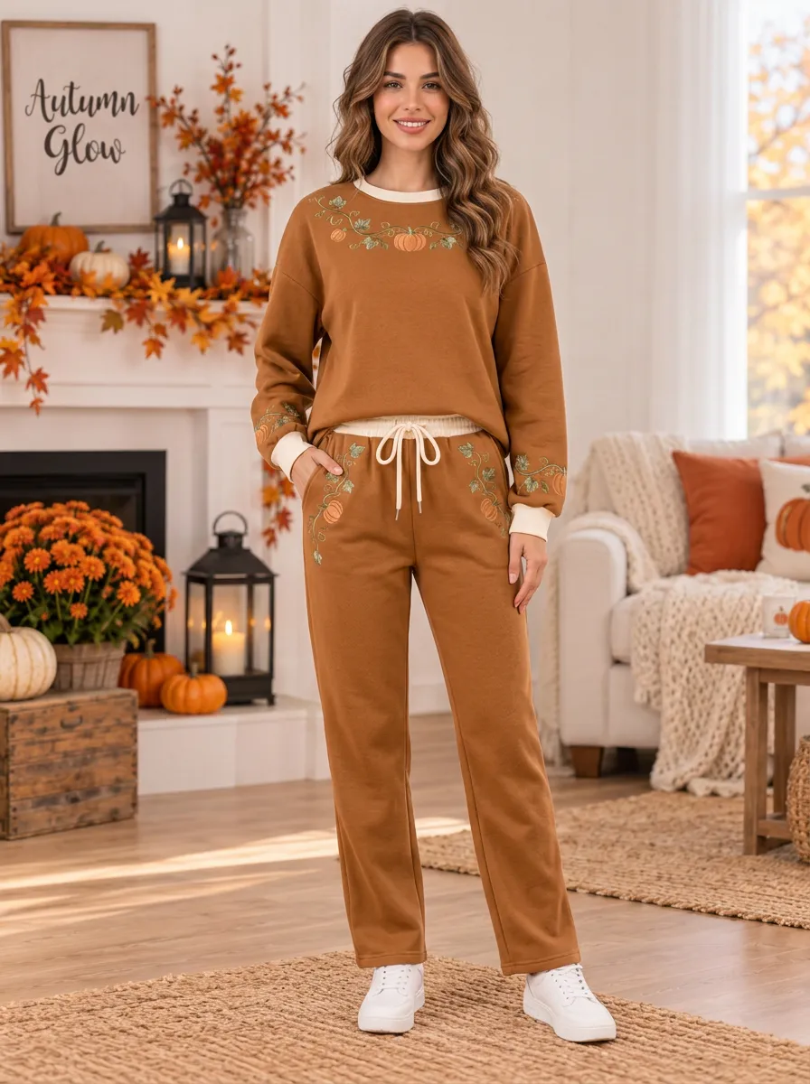 Women's Pumpkin-Floral Embroidered Crewneck-Sweatshirt & Lounge-Pants Two-Piece Set