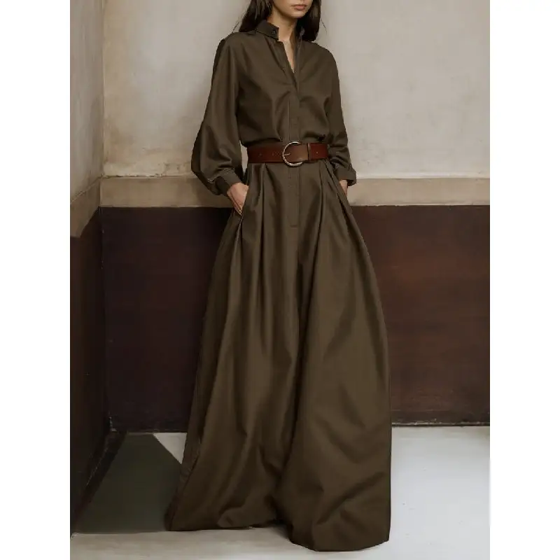 Long Sleeves Loose Buttoned No Belt V-Neck Jumpsuit