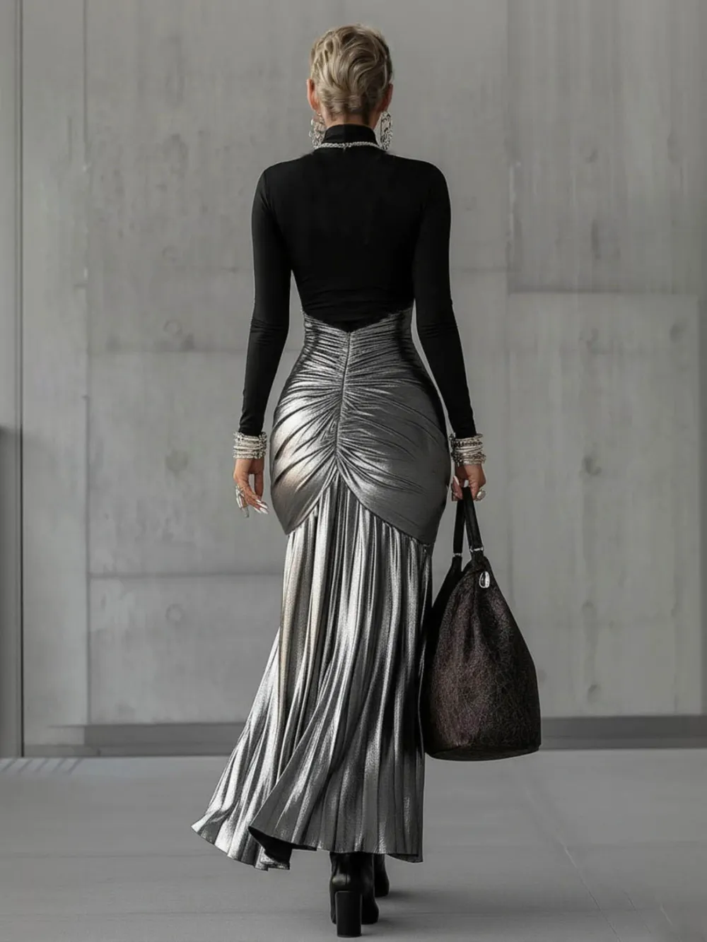 Round Neck Metallic Pleated Maxi Dress