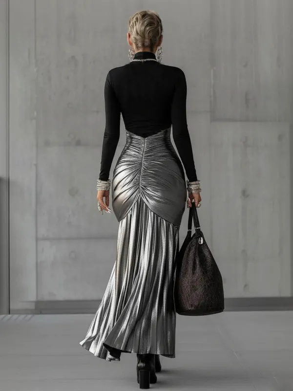 Round Neck Metallic Pleated Maxi Dress