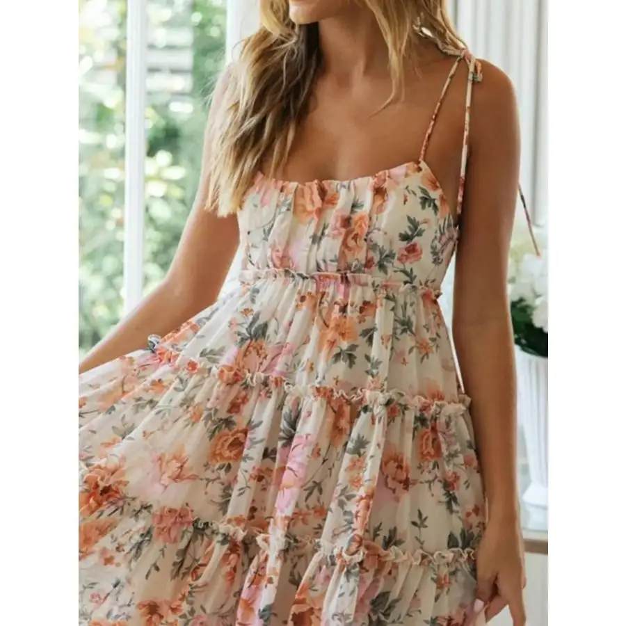 Printed Tie-strap Tiered Mini Dress