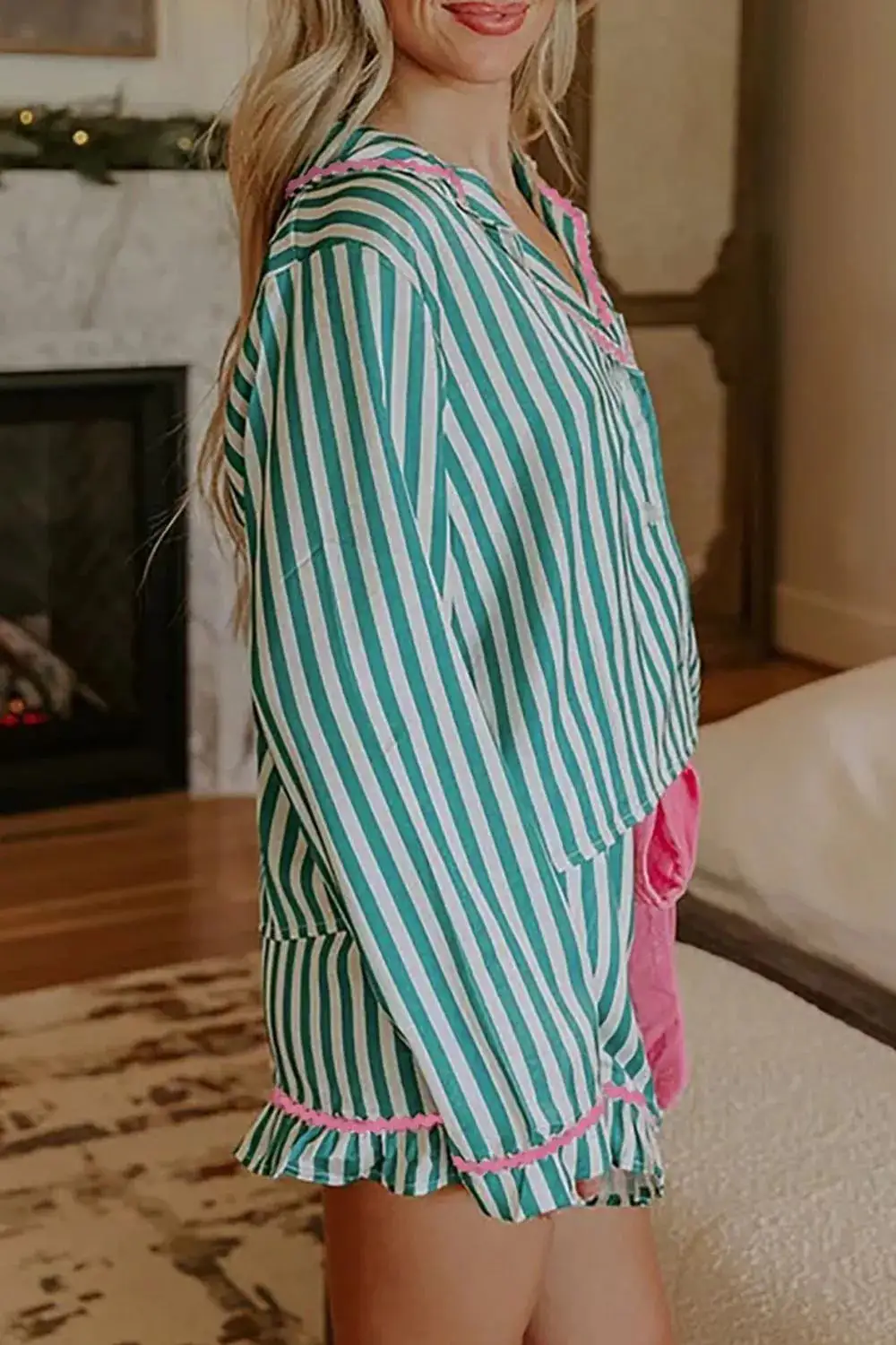 Stripe Contrast Ricrac Trim Long Sleeve Shirt