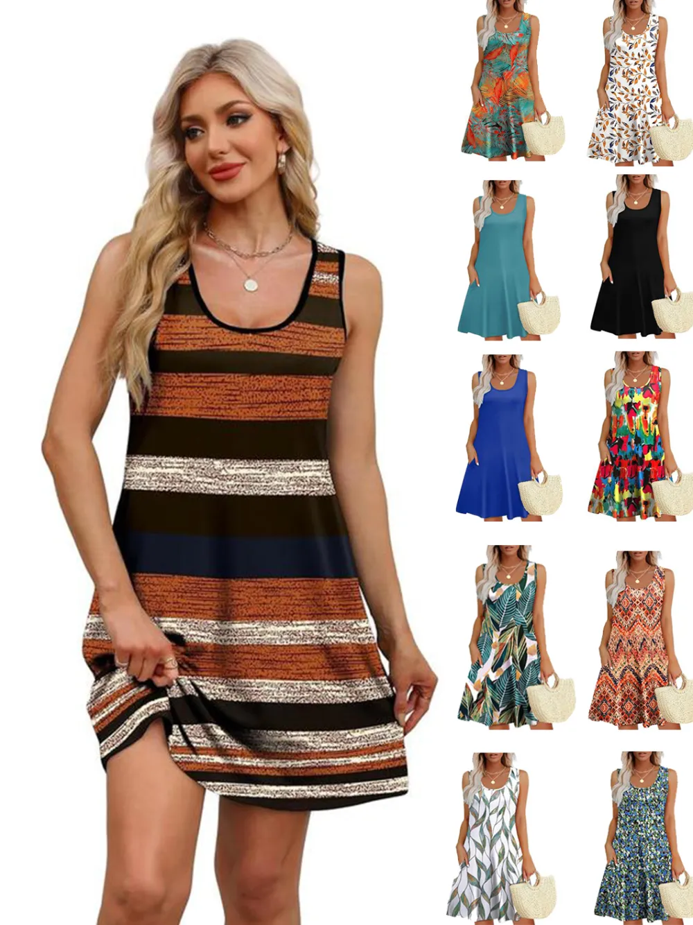 Womens Summer Dresses Loose U Neck Sleeveless Sundresses Dress with Pockets