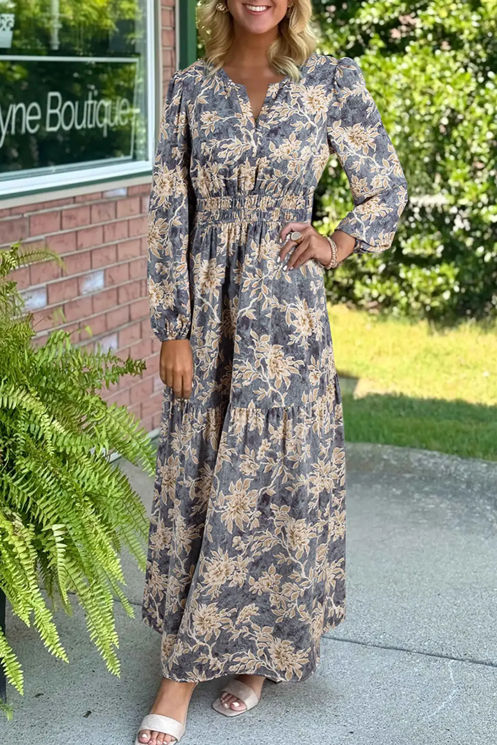 Floral Print Smocked High Waist Long Sleeve Maxi Dress