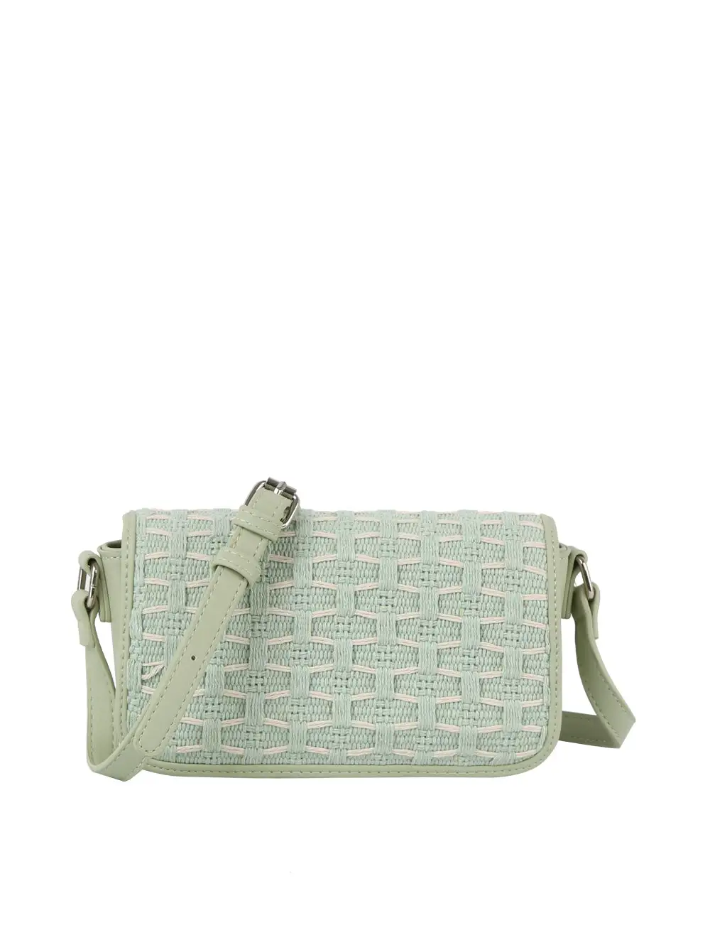 Woven Flap Front Pocketed Faux Leather Shoulder Bag
