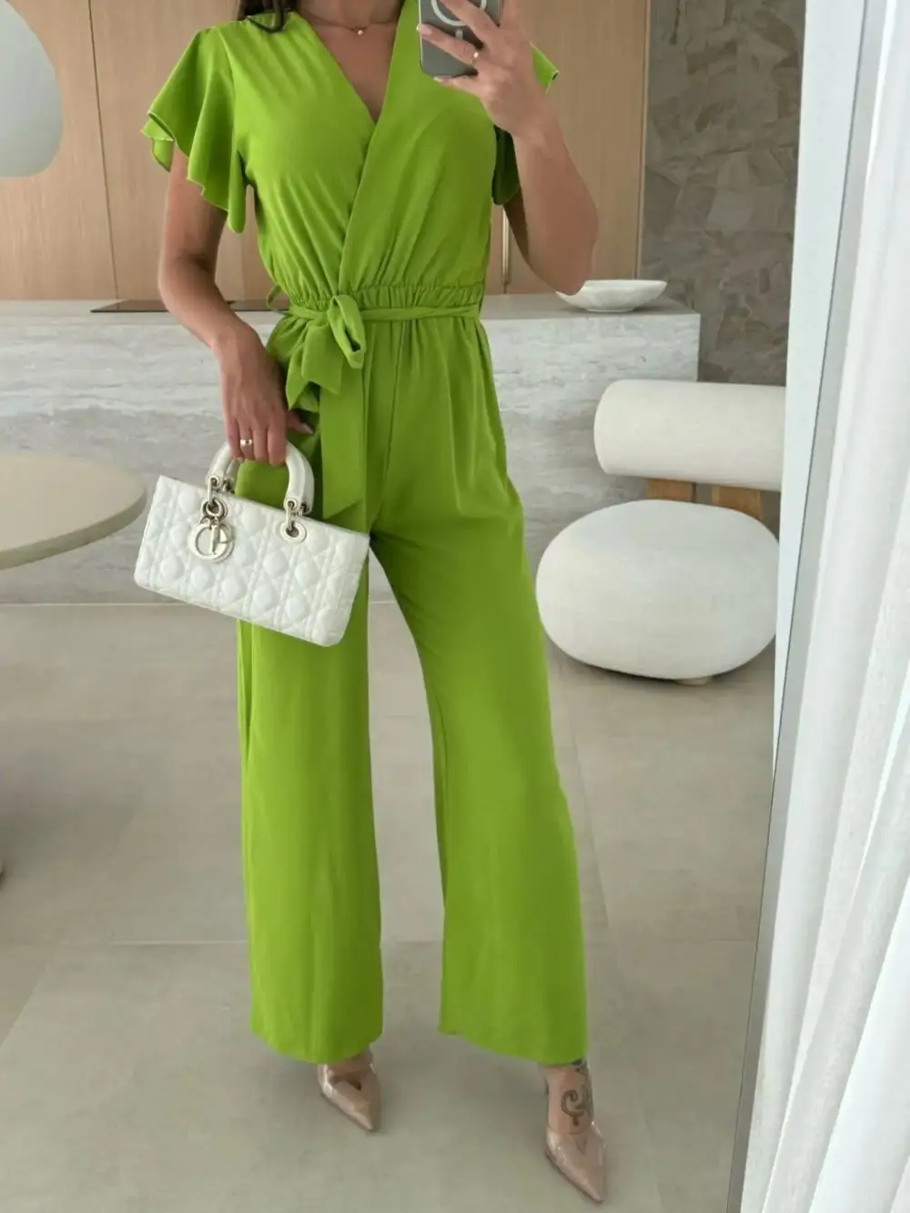 Surplice Wide Leg Belted Jumpsuit Pants