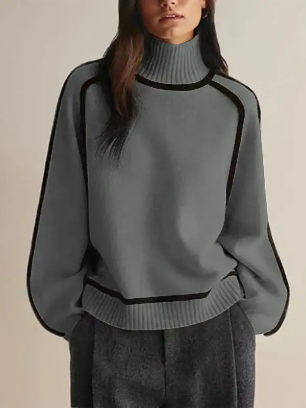 Paneled High Neck Long Sleeve Relaxed Fit Pullover Sweater