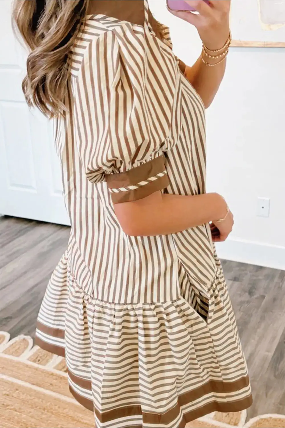 Stripe Shirt Collar Color Block Patchwork Trim Ruffle Hem Short Dress