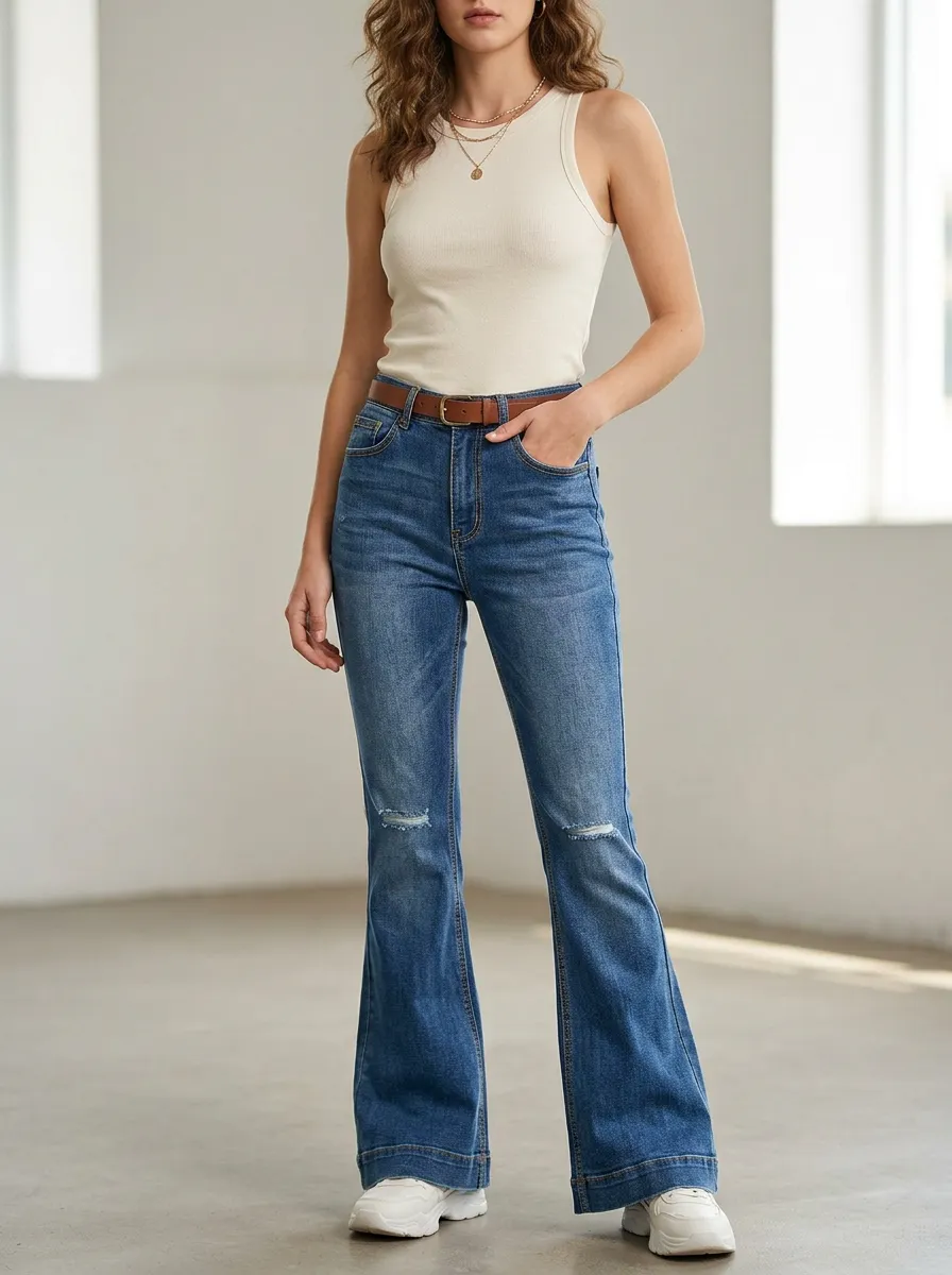 Women's Casual Vintage Distressed Blue Denim Flared Jeans