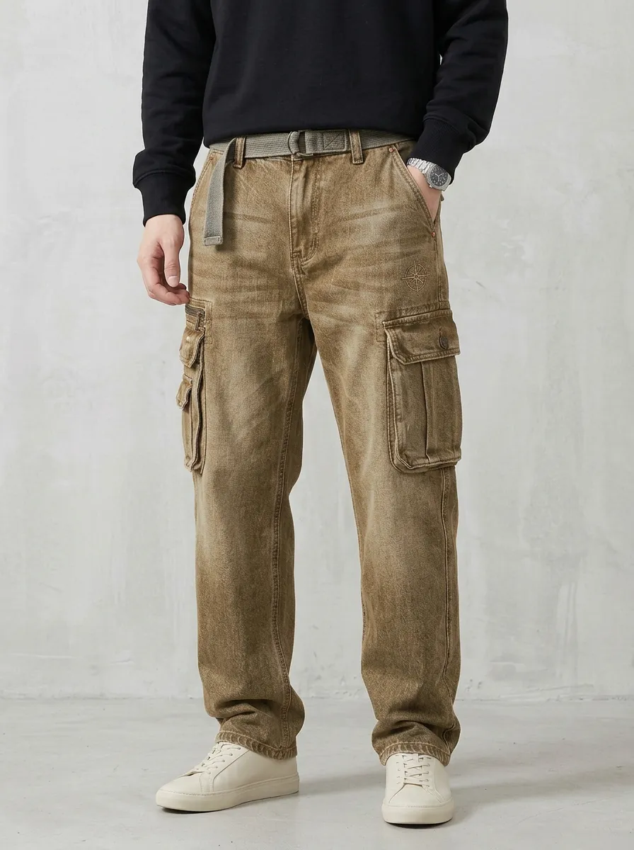 Men's Mid-Blue Compass Detail Multi-Pocket Straight-Leg Denim Cargo Pants