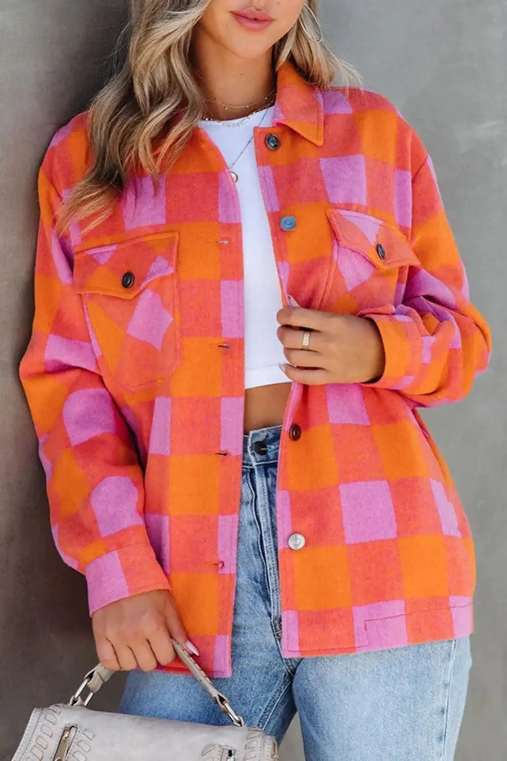 Plaid Chest Pockets Button-Up Turn Down Collar Jacket
