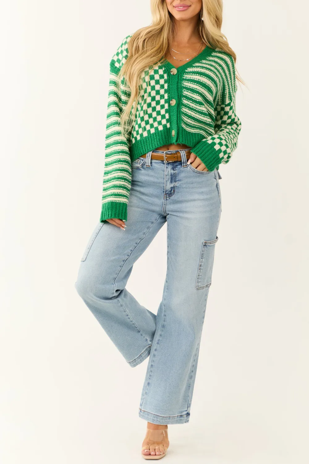 Jade and Cream Checkered and Stripe Print Cardigan