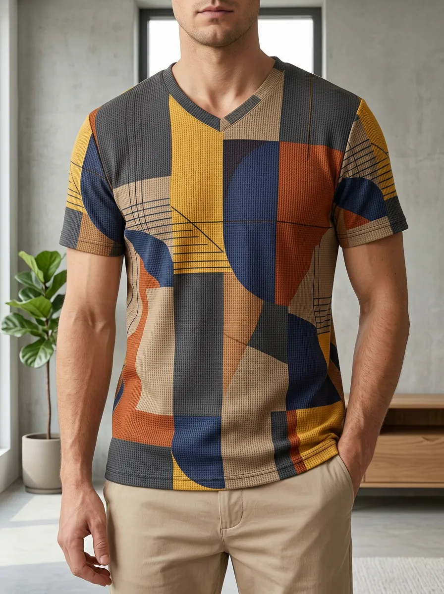 Men's Expressive Geometric Abstract Pattern V-Neck T-Shirt