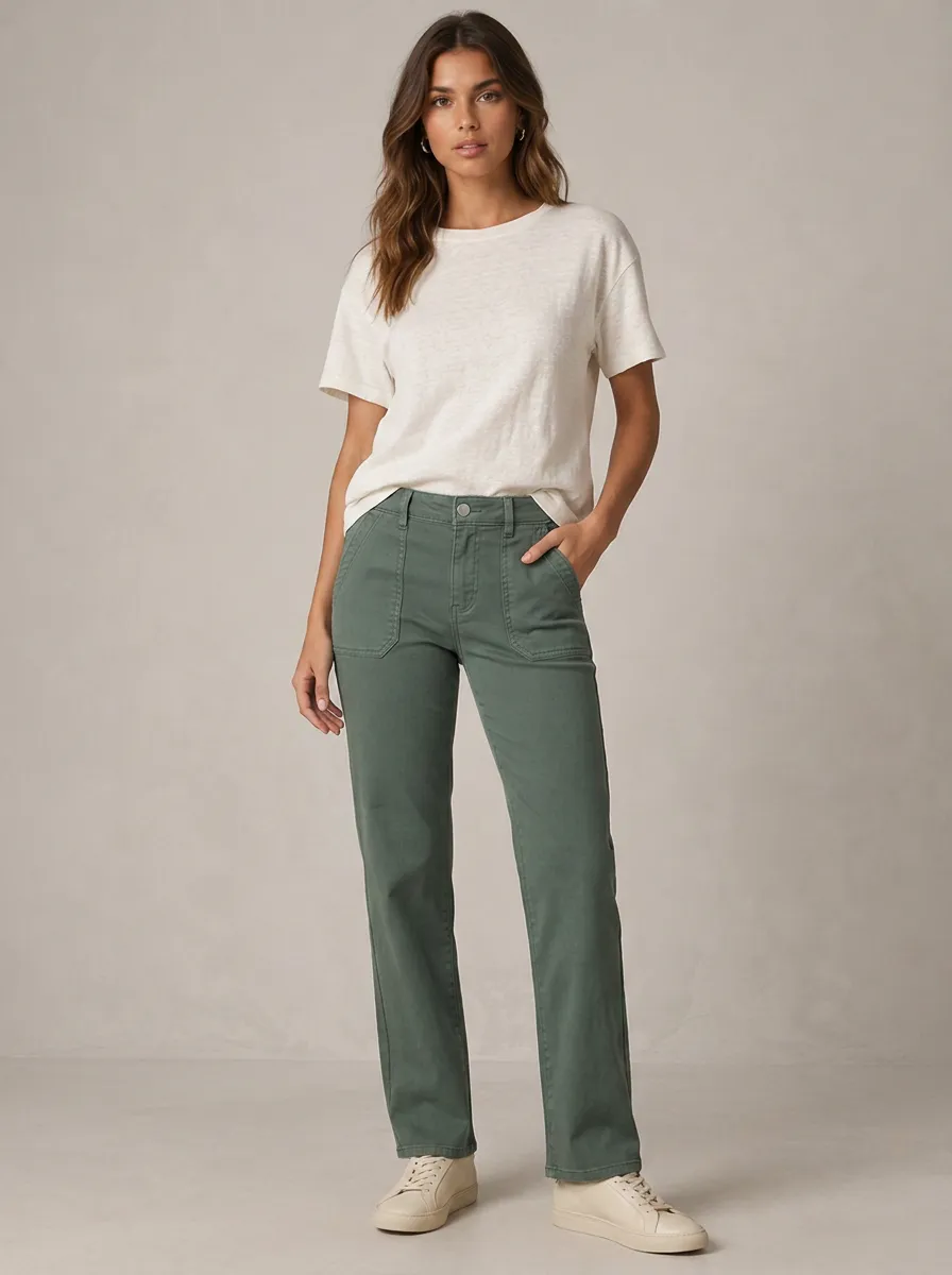 Women's Casual Style Olive Green Utility Pocket Pants