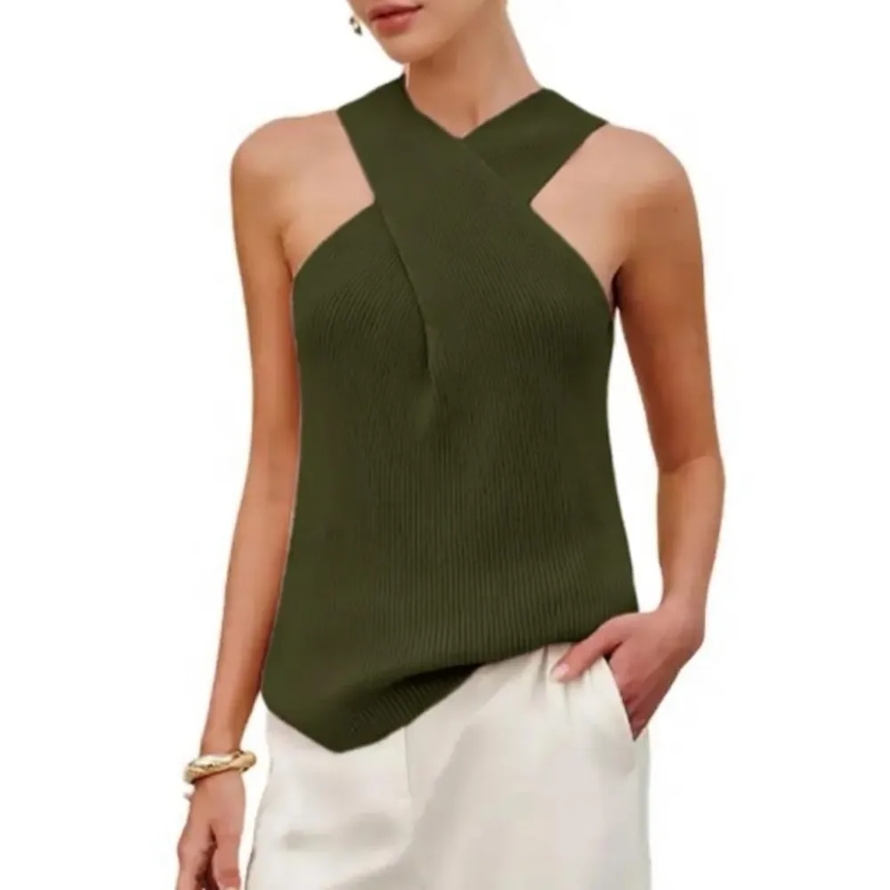 Tanming Women's Halter Cross Over Collar Tank Knit Sleeveless Camisole Top