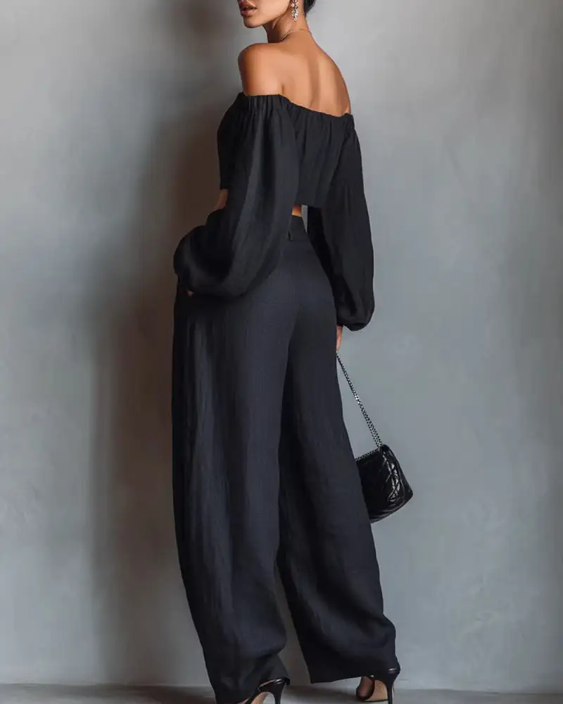 Off-Shoulder Crop Top and Wide Leg Pants Two-Piece Set