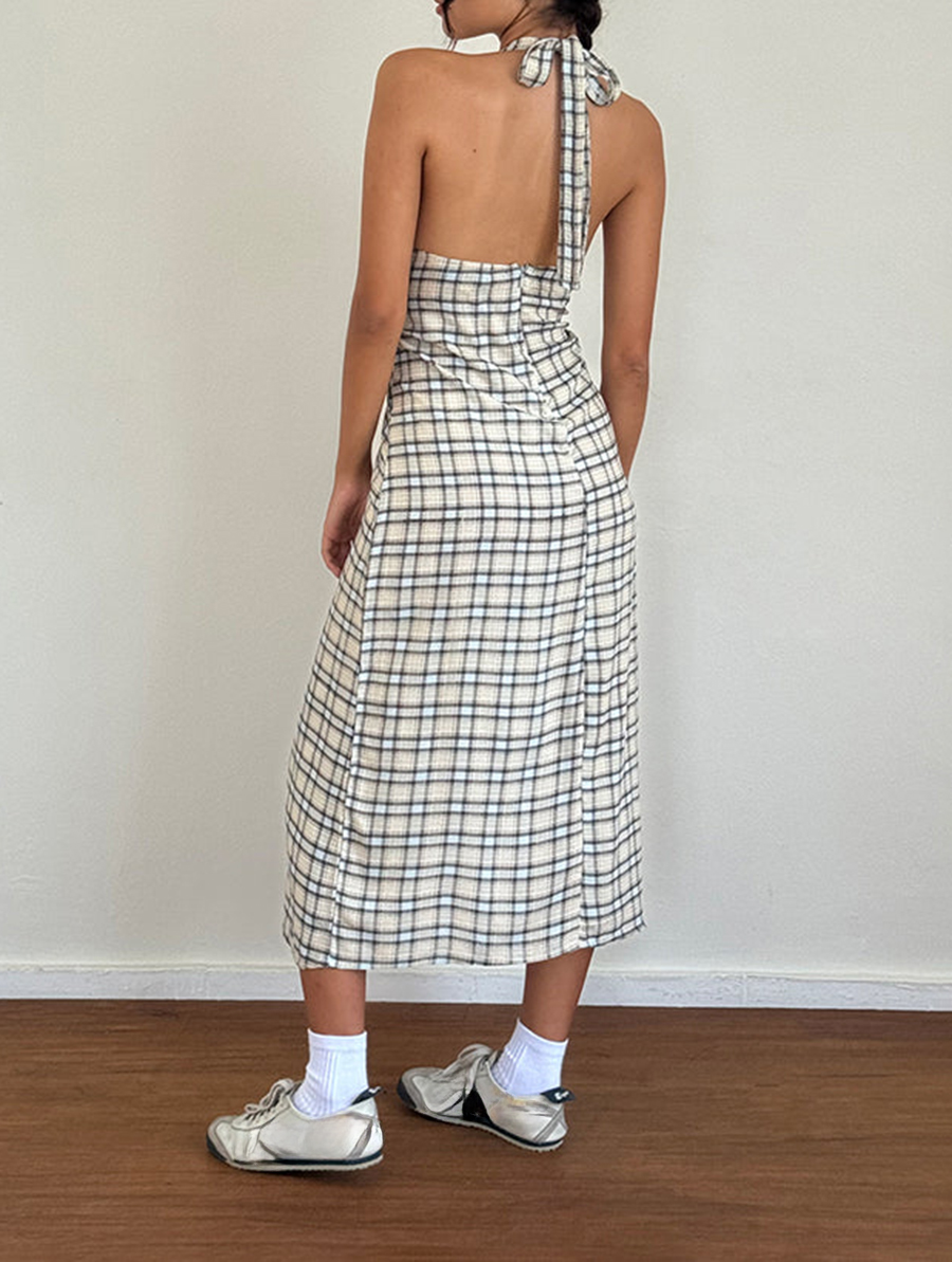 Halterneck Midi Dress In Pastel Blue Tartan