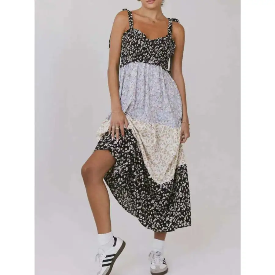 Smocked Tie Shoulder Printed Maxi Dress