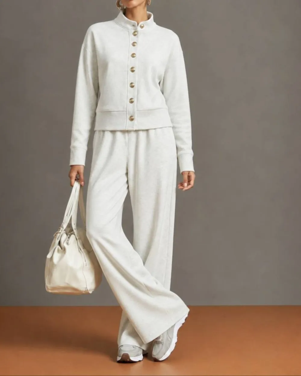 Button Cardigan and Wide-Leg Sweatpants Set