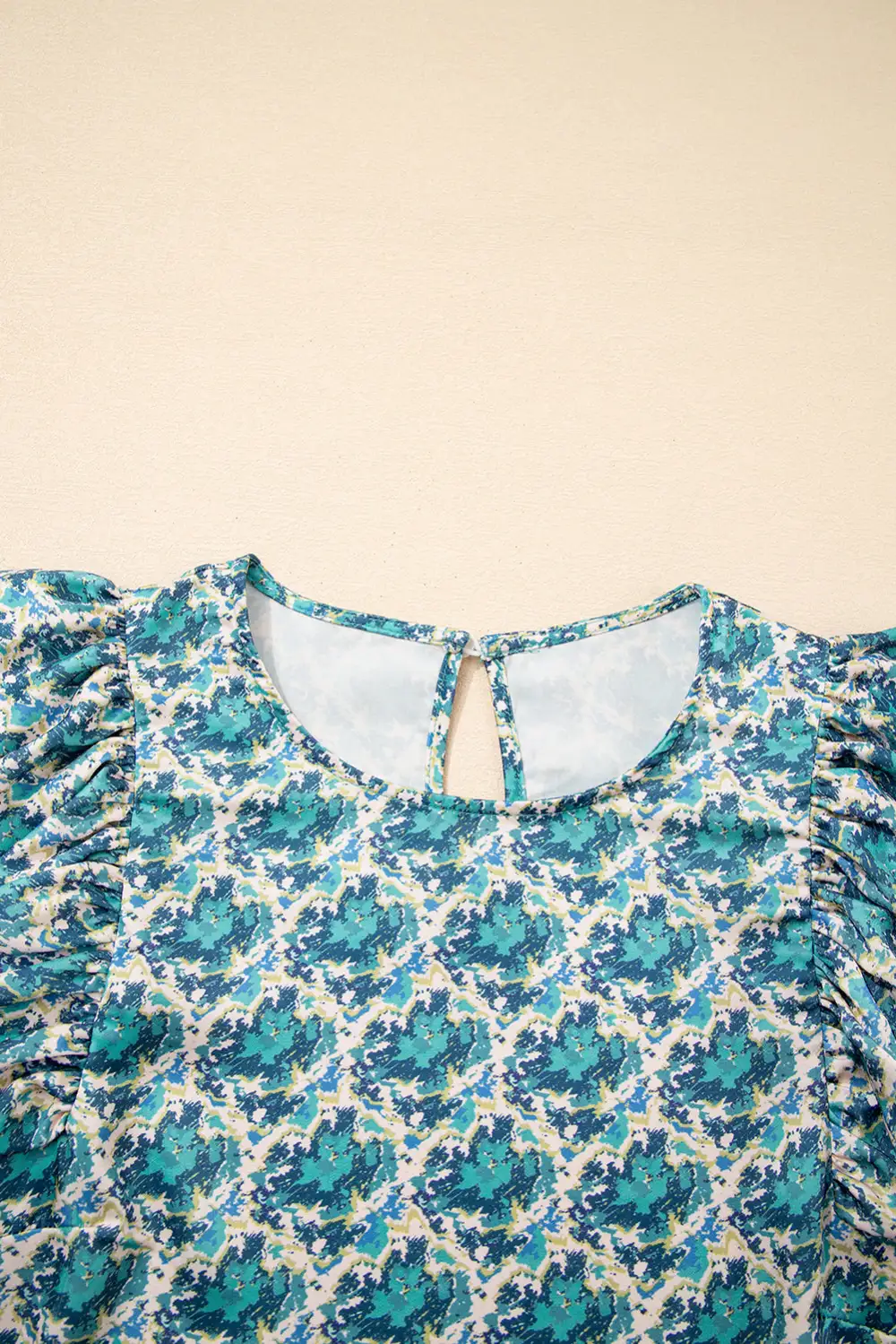 Abstract Print Shirred Puff Sleeve Blouse