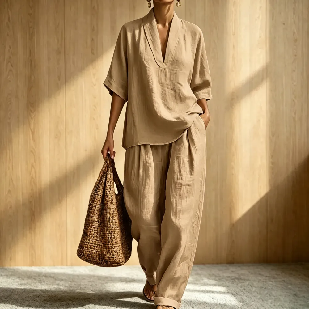 2026 New Relaxed Henley Top and Wide-Leg Pants Co-Ord Set
