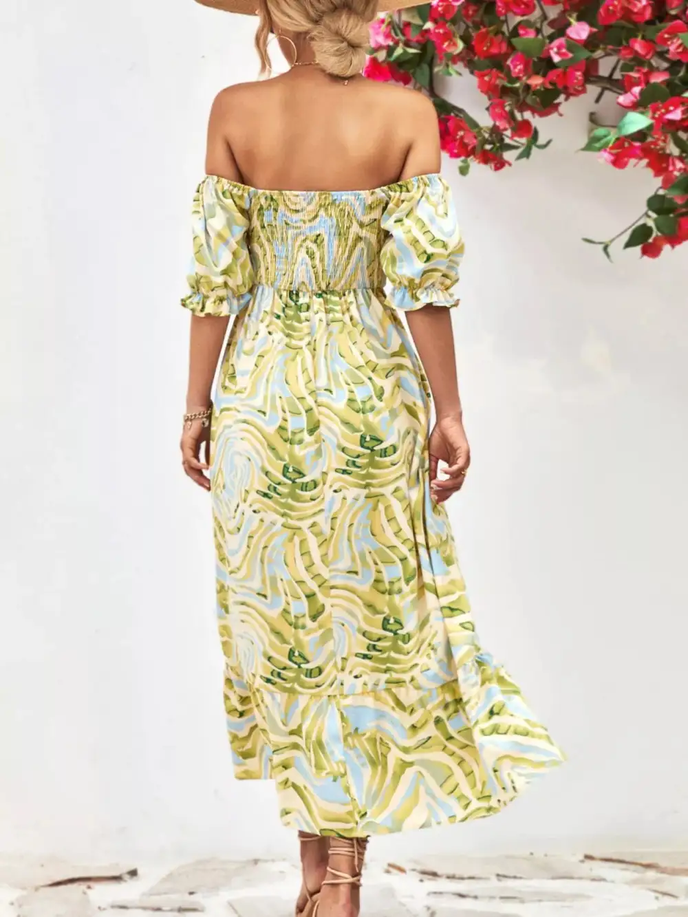 Printed Smocked Puff Sleeve Midi Dress