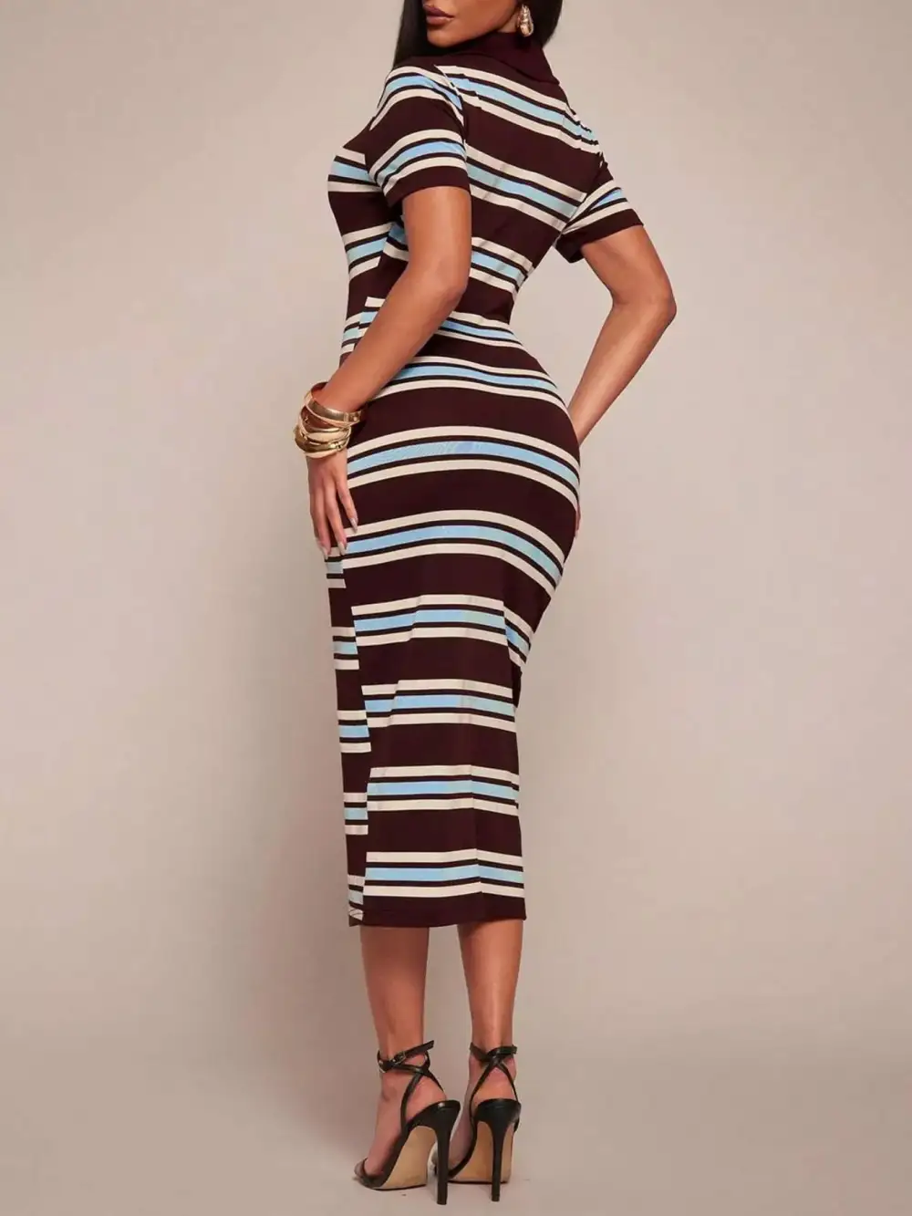 Striped Polo Collar Midi Dress