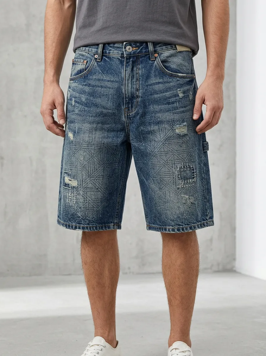 Men's Geometric Distressed Distressed Denim Shorts