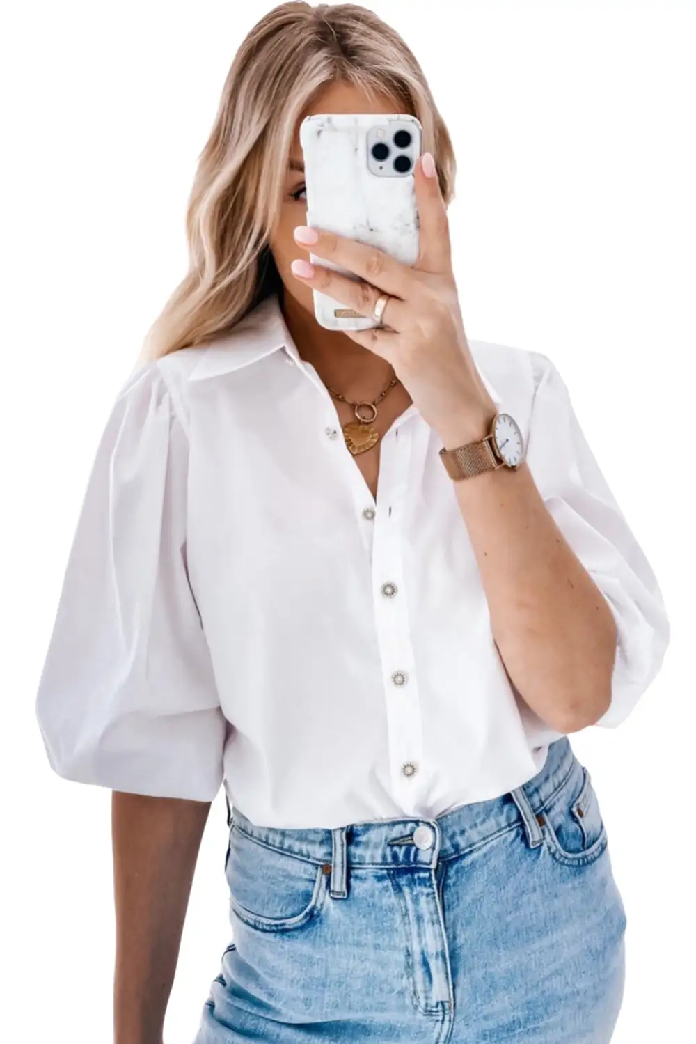 Turn-Down Neck Puff Sleeve Shirt