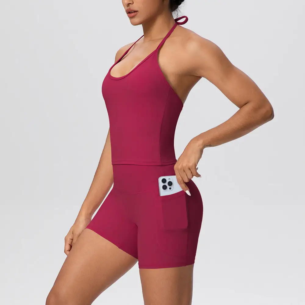 Halter-Neck Backless Top, Vest and Shorts Active Set