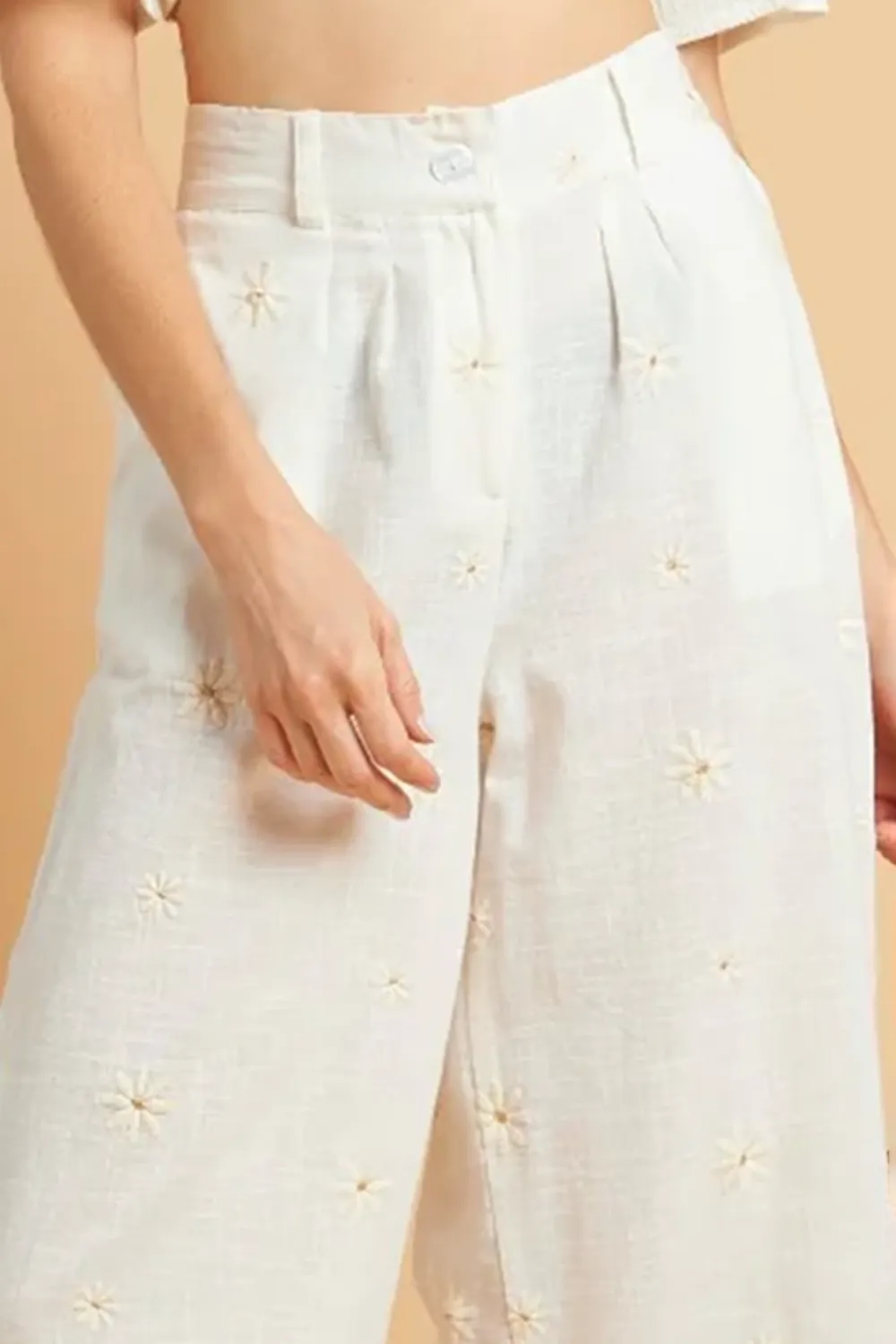 White Embroidered Crop Top And Pants Set