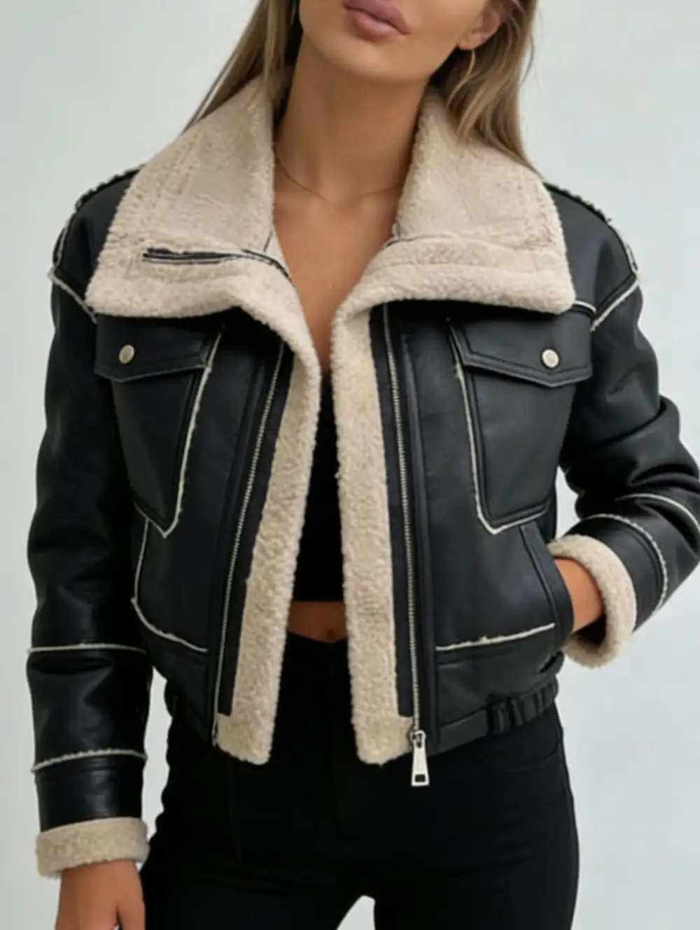 Short Zip Front Motorcycle Pu Leather Jacket