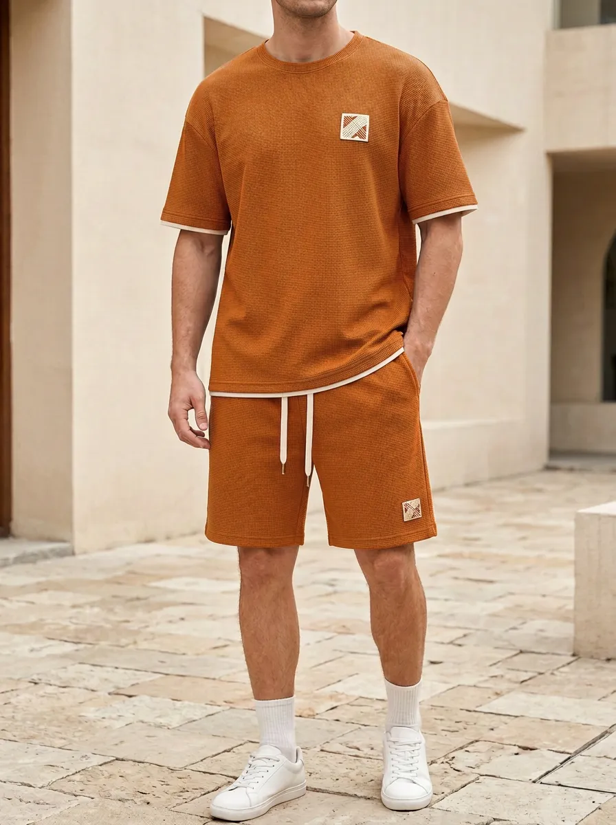 Classic Waffle Texture Geometric Pattern Casual Look Men's T-Shirt And Shorts Set