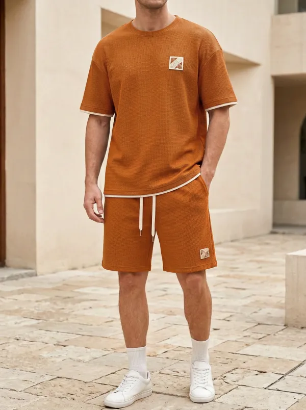 Classic Waffle Texture Geometric Pattern Casual Look Men's T-Shirt And Shorts Set