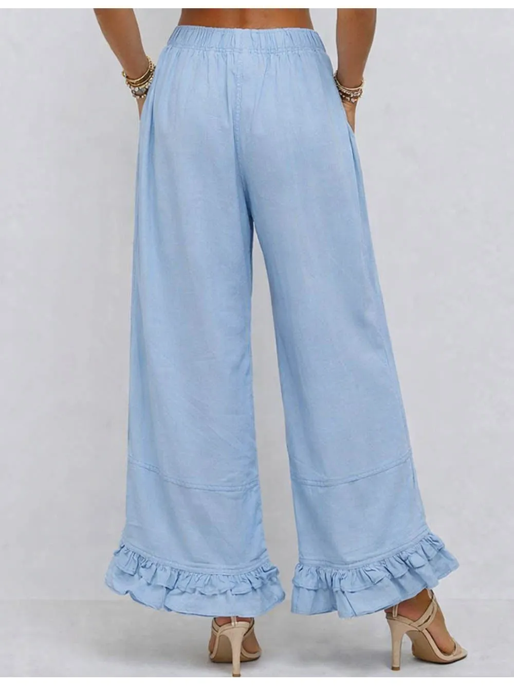 Elastic Waist Drawstring Ruffle Hem Wide Leg Pants