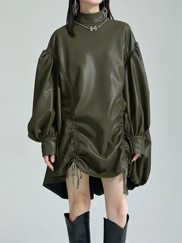 High Low Long Sleeve Drawstring Pleated Solid Color Stand Collar Mini