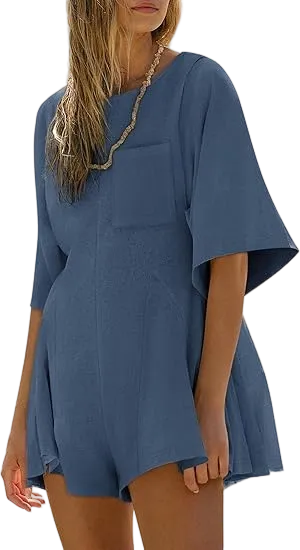 Women’s Summer Slim Fit Romper – Short Sleeve Crew Neck Jumpsuit with Pocket