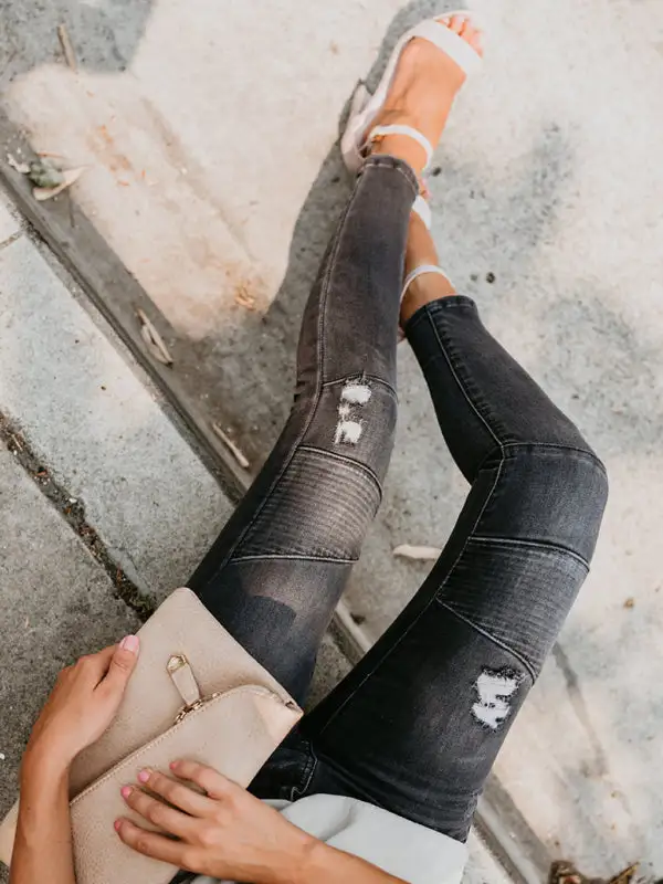 Distressed Stretch Pleated Denim Jeans
