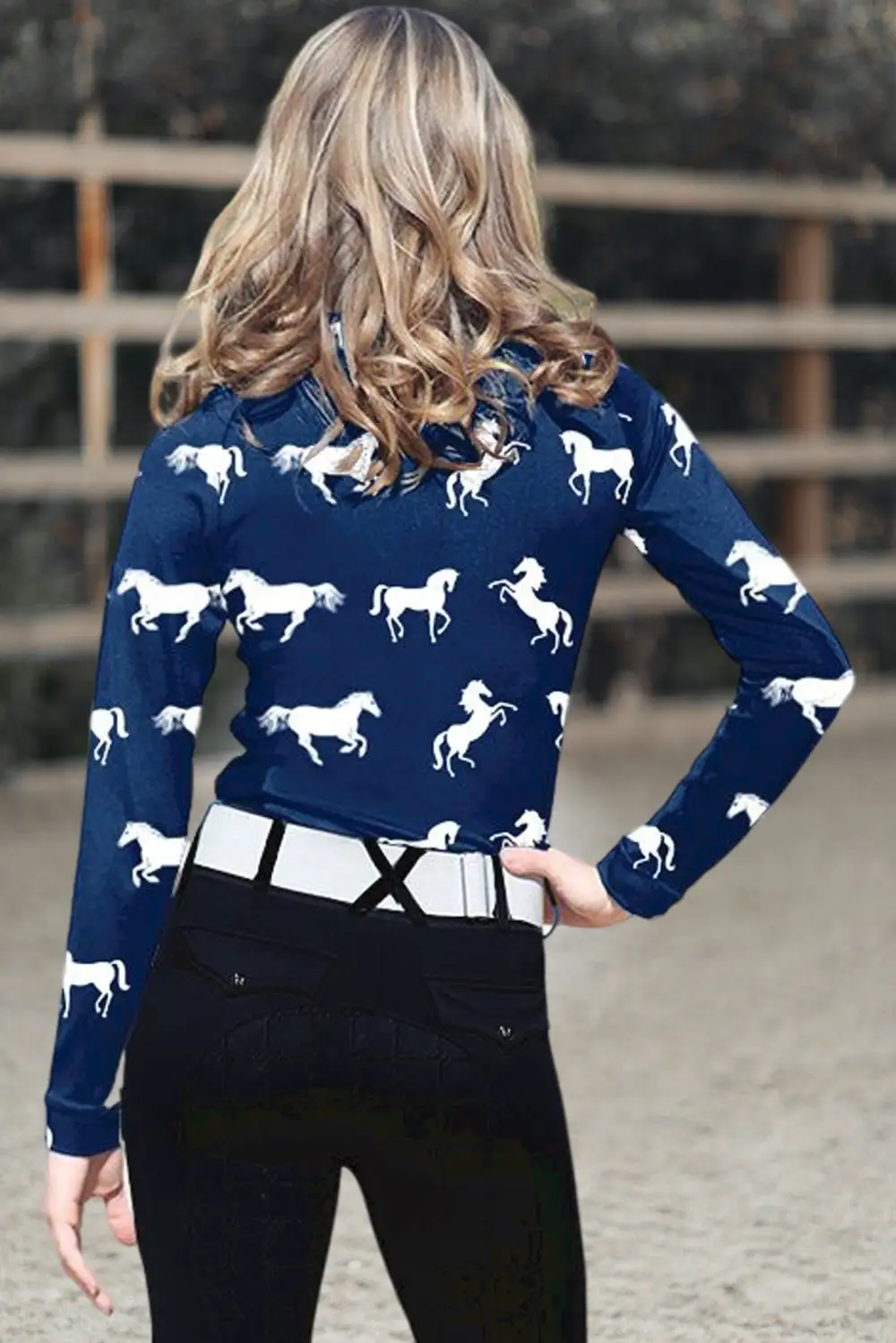 Women's Horse Print Long Sleeve Riding Style Casual Shirt