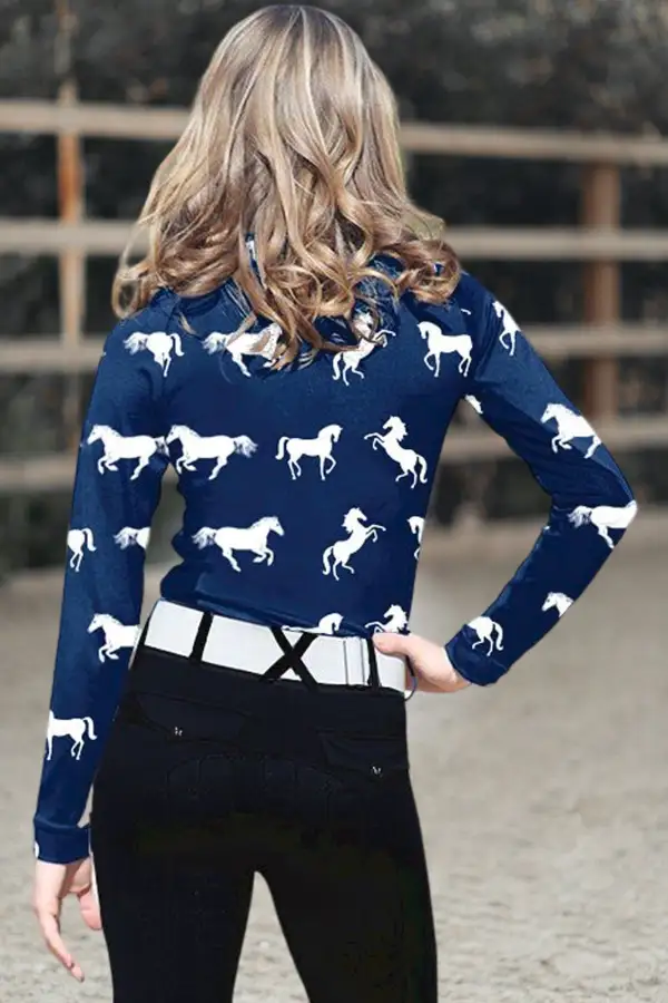 Women's Horse Print Long Sleeve Riding Style Casual Shirt
