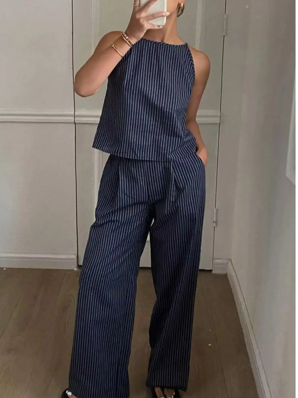 Refined Striped Sleeveless Top and Wide Leg Pants Set