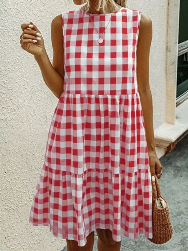 Relaxed Sleeveless Hollow Plaid Pleated Split Joint Round Neck Mini Dress