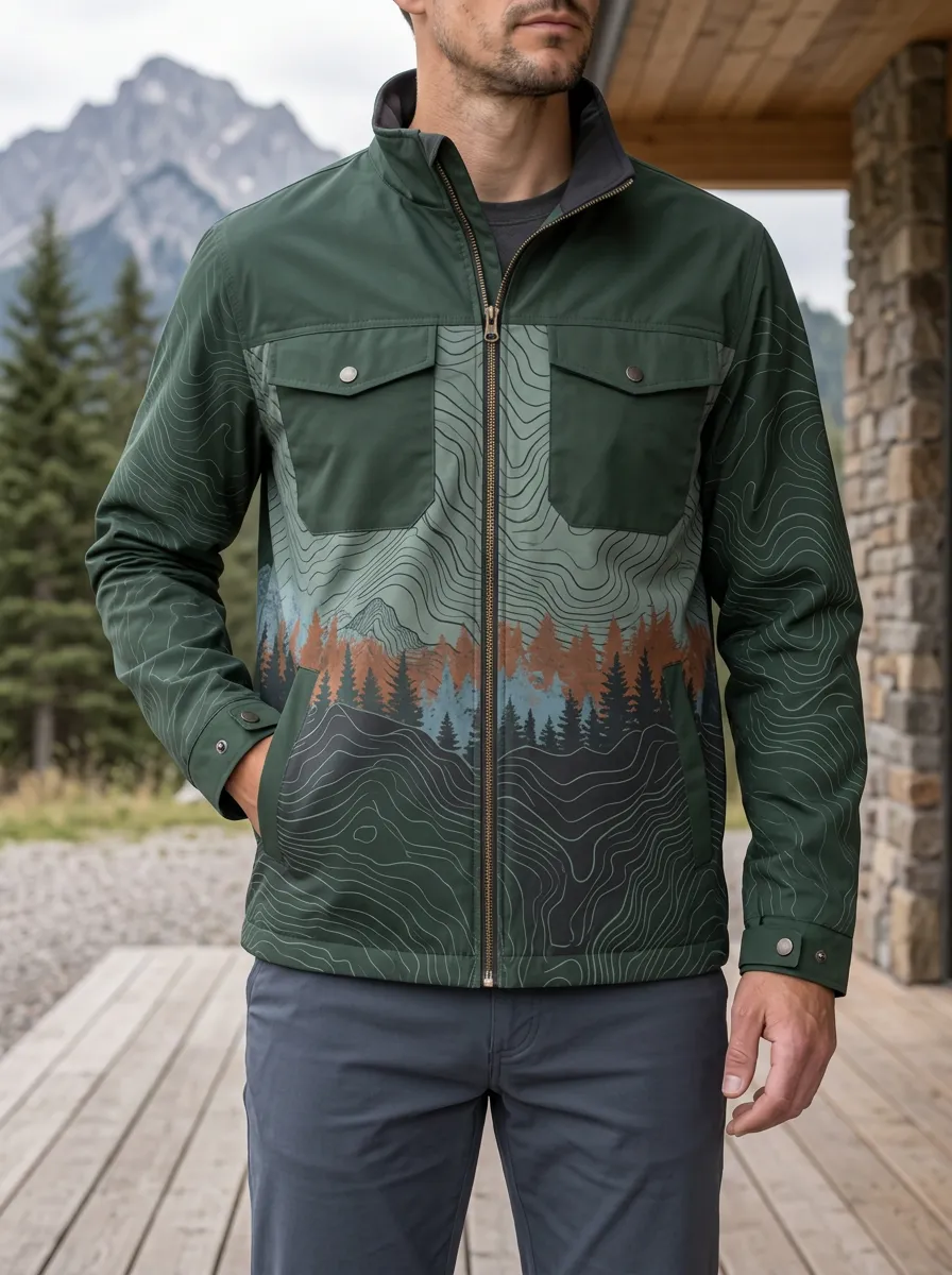 Men's Outdoor Hiking Topographic Forest Rugged Adventure Jacket
