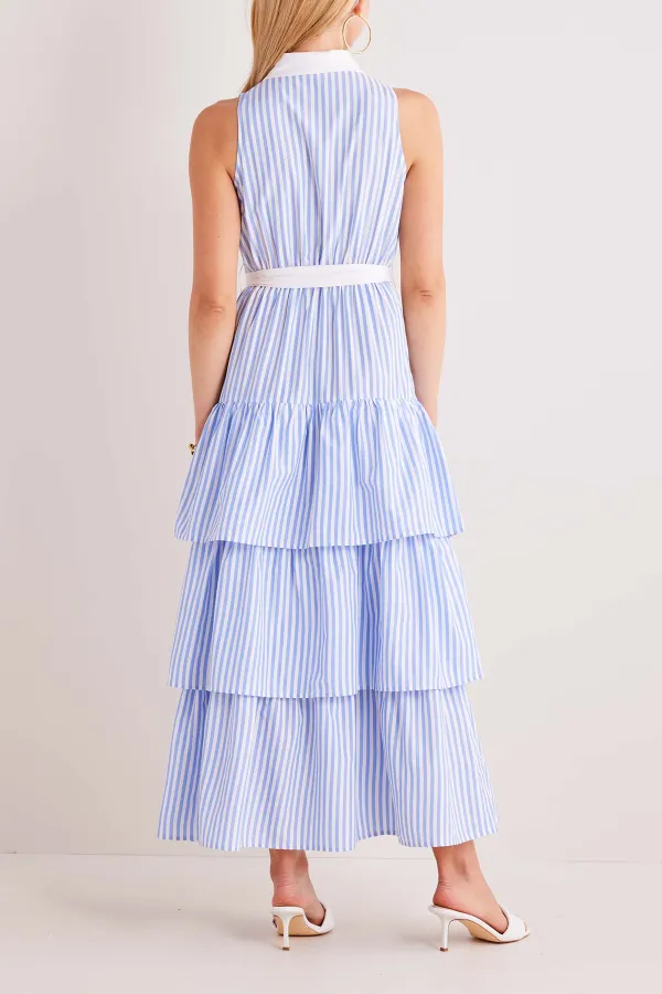 Blue & White Striped Tie-Waist Tiered Dress