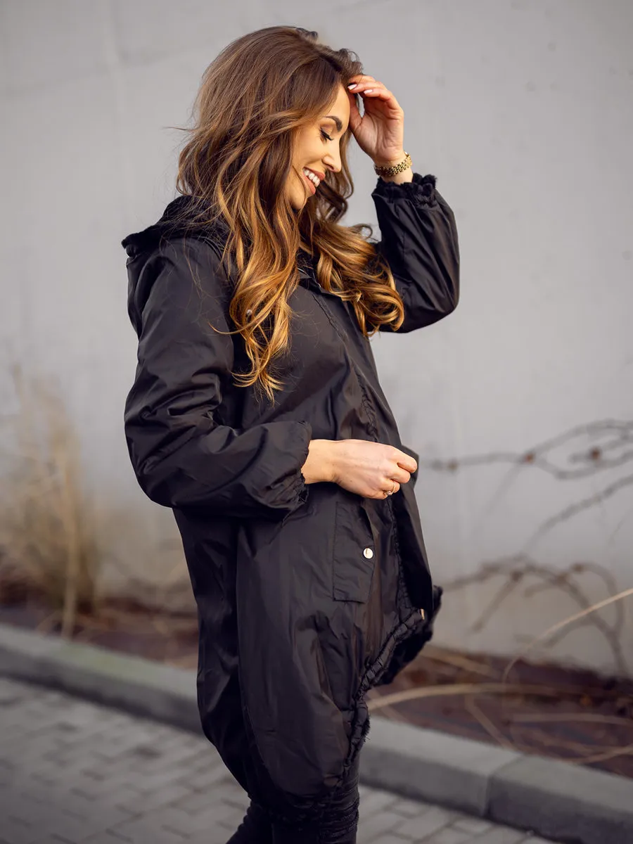 Black Women's Long Quilted Winter Jacket With Hood