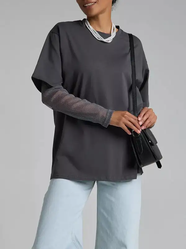 Layered Look Relaxed Sheer Panel Detail Sun Protection Round Neck T-Shirt
