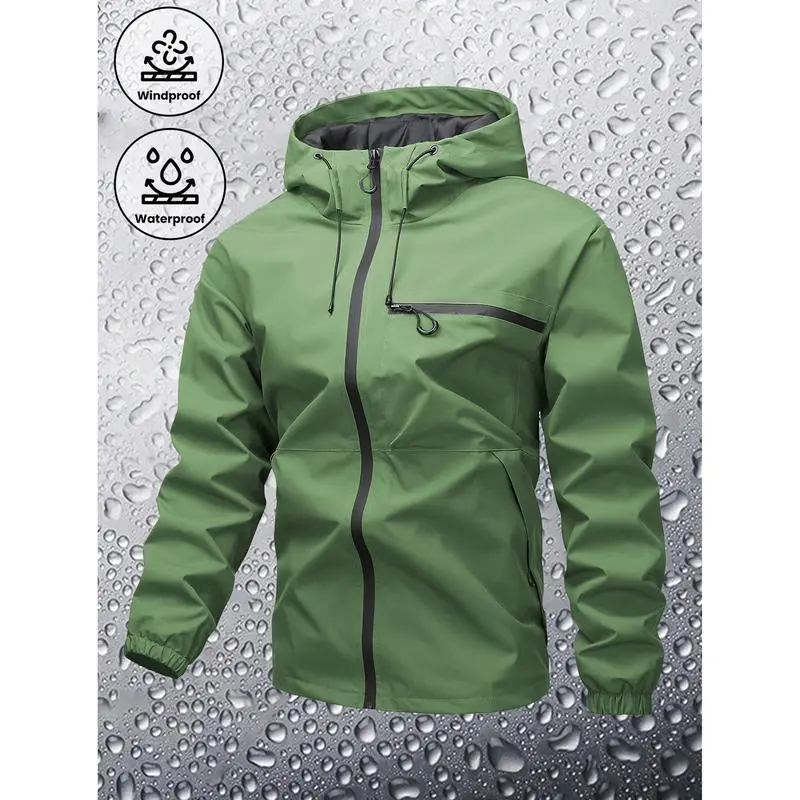 Men's Plain Waterproof Windproof Drawstring Zip Up Hooded Jacket, Casual Long Sleeve Zipper Pocket Design Outerwear for Outdoor Activities, Men's Clothes for All Seasons, Menswear m 65 jacket Stripe Print Baseball Bomber Jacket