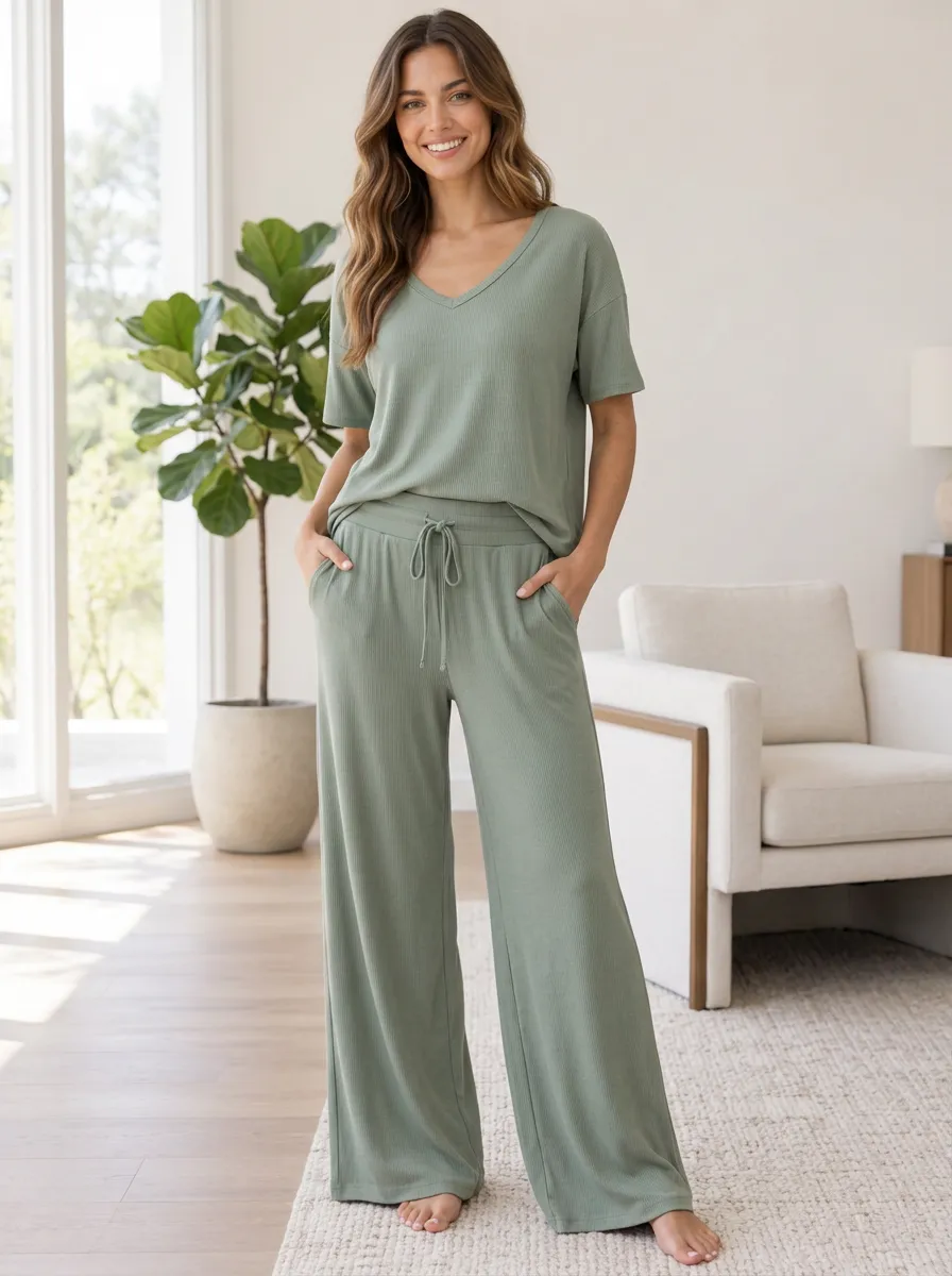 Women's Ribbed Simple Homewear Wide Leg Lounge Co-Ord